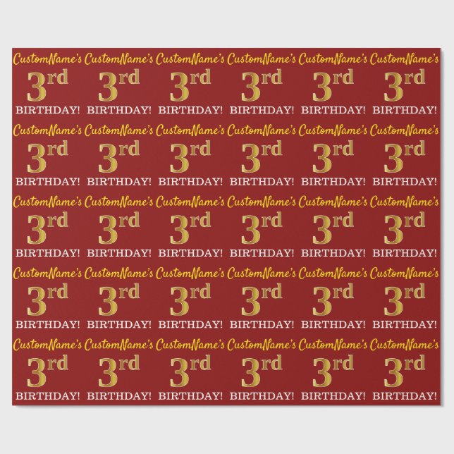 Red, Imitation Guld titta "3rd BIRTHDAY" Presentpapper (Platt)