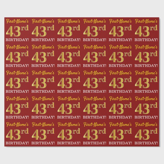 Red, Imitation Guld titta "43:e BIRTHDAY" Presentpapper (Platt)
