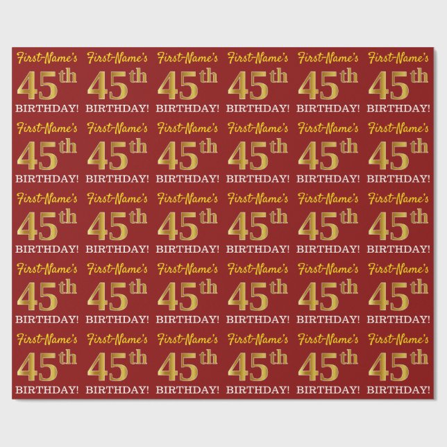 Red, Imitation Guld titta "45:e BIRTHDAY" Presentpapper (Platt)