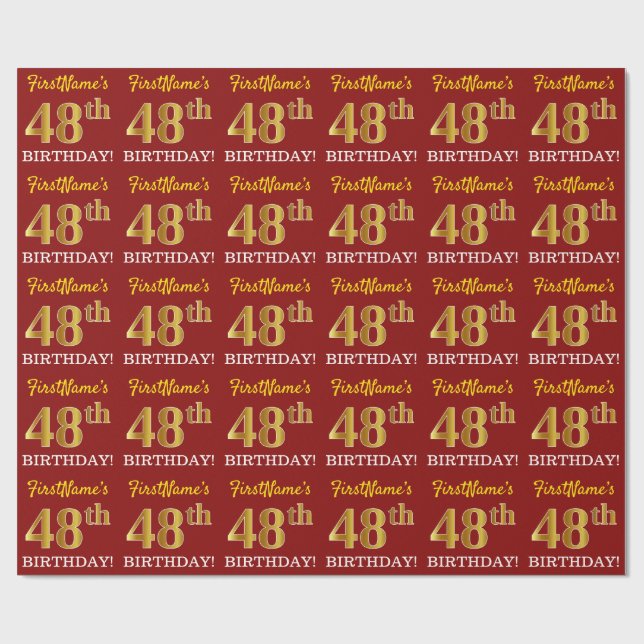 Red, Imitation Guld titta "48:e BIRTHDAY" Presentpapper (Platt)