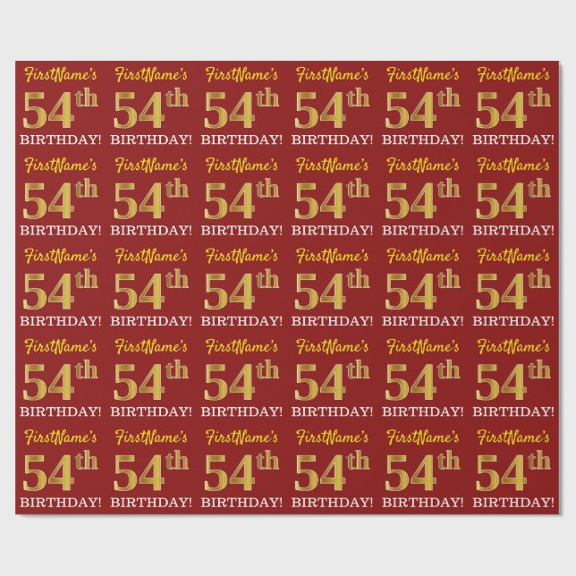 Red, Imitation Guld titta "54:e BIRTHDAY" Presentpapper (Platt)