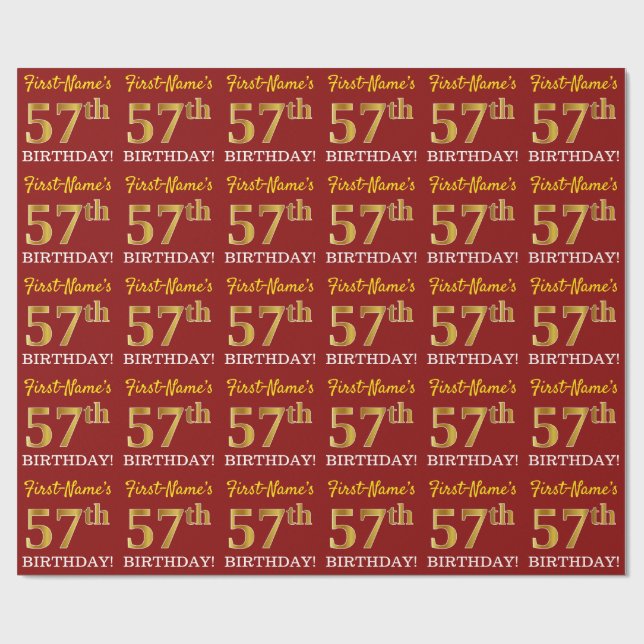 Red, Imitation Guld titta "57:e BIRTHDAY" Presentpapper (Platt)