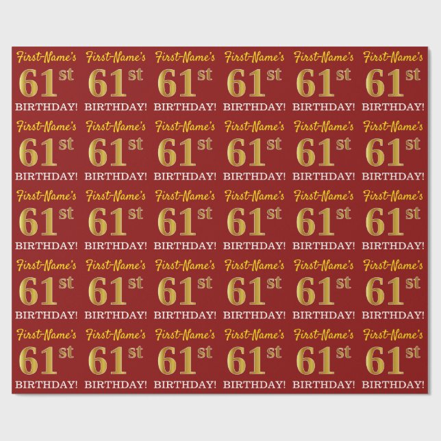 Red, Imitation Guld titta "61:a BIRTHDAY" Presentpapper (Platt)