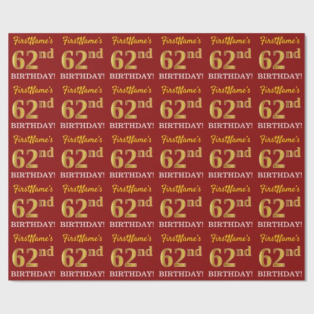 Red, Imitation Guld titta "62:a BIRTHDAY" Presentpapper (Platt)