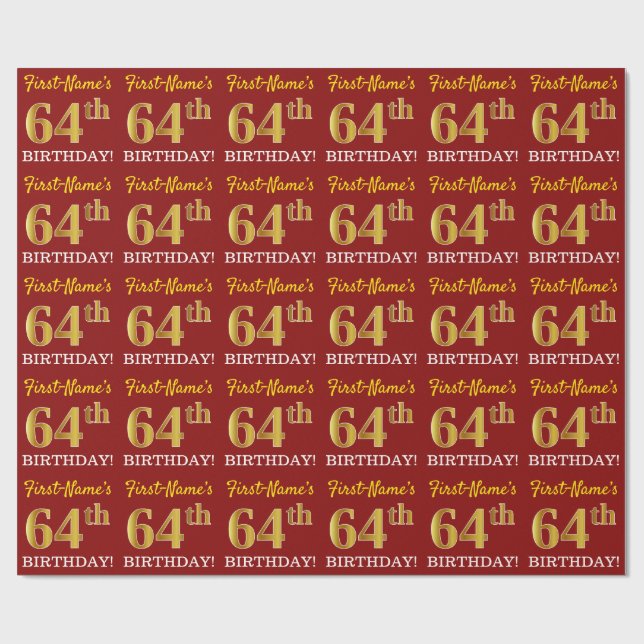 Red, Imitation Guld titta "64:e BIRTHDAY" Presentpapper (Platt)