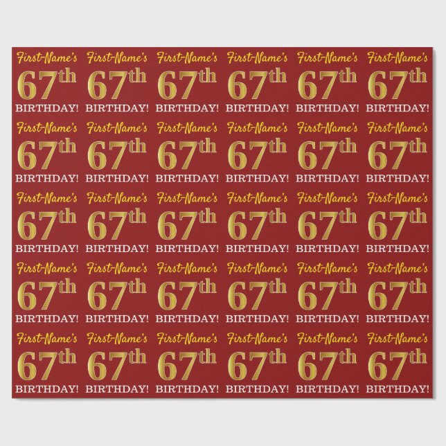 Red, Imitation Guld titta "67:e BIRTHDAY" Presentpapper (Platt)
