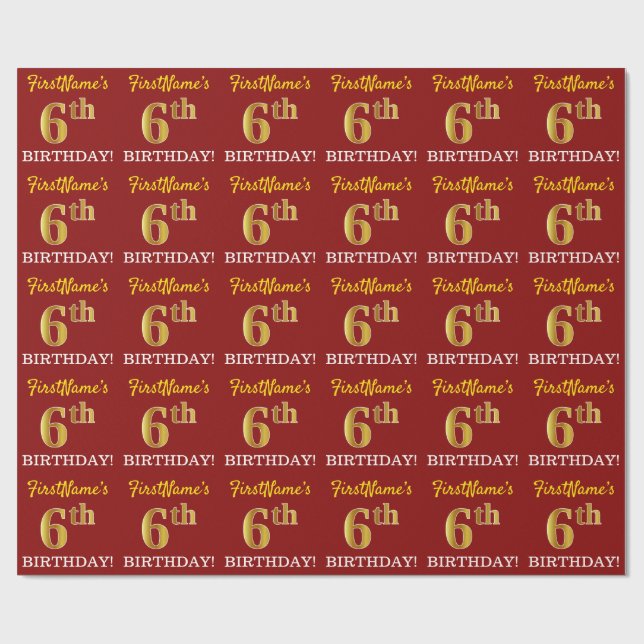 Red, Imitation Guld titta "6e BIRTHDAY" Presentpapper (Platt)