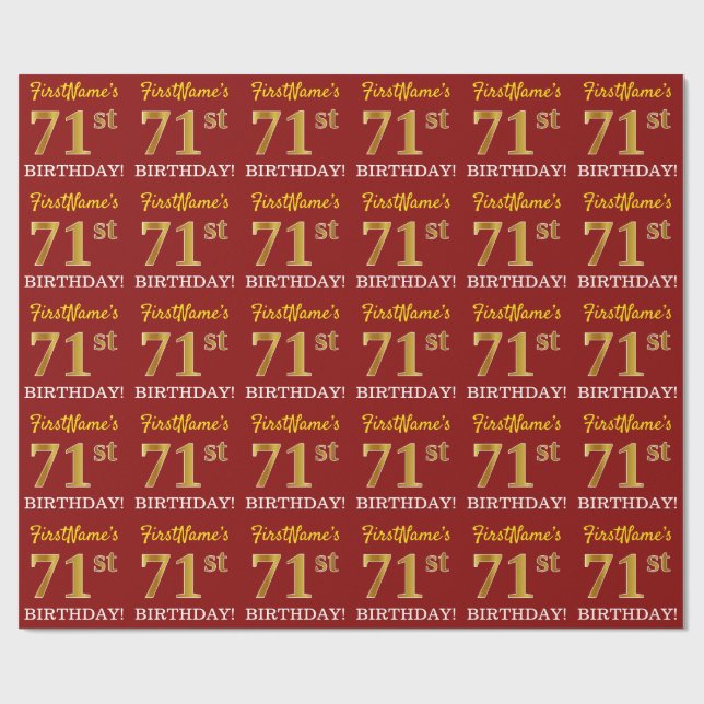 Red, Imitation Guld titta "71:a BIRTHDAY" Presentpapper (Platt)