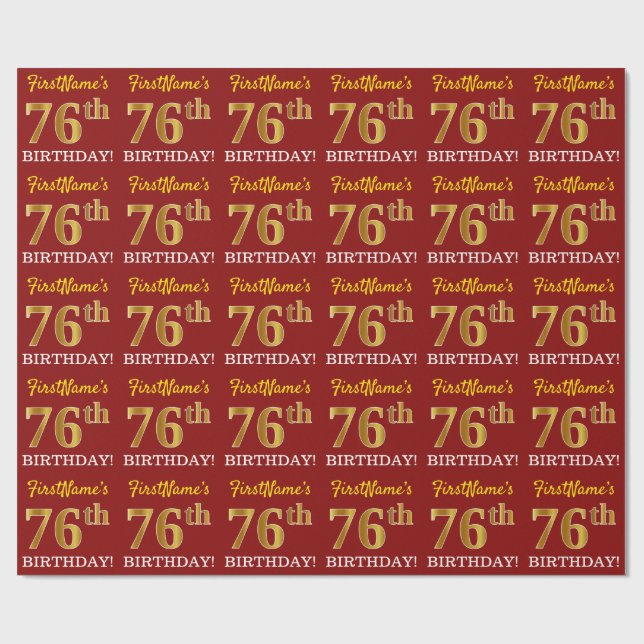 Red, Imitation Guld titta "76:e BIRTHDAY" Presentpapper (Platt)