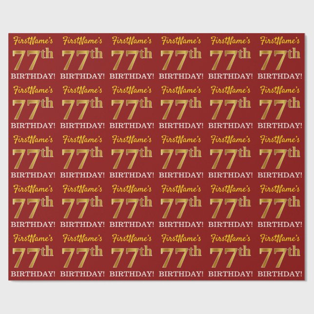 Red, Imitation Guld titta "77:e BIRTHDAY" Presentpapper (Platt)