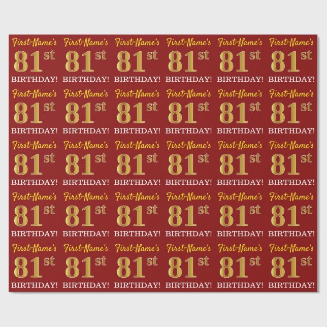 Red, Imitation Guld titta "81:a BIRTHDAY" Presentpapper (Platt)