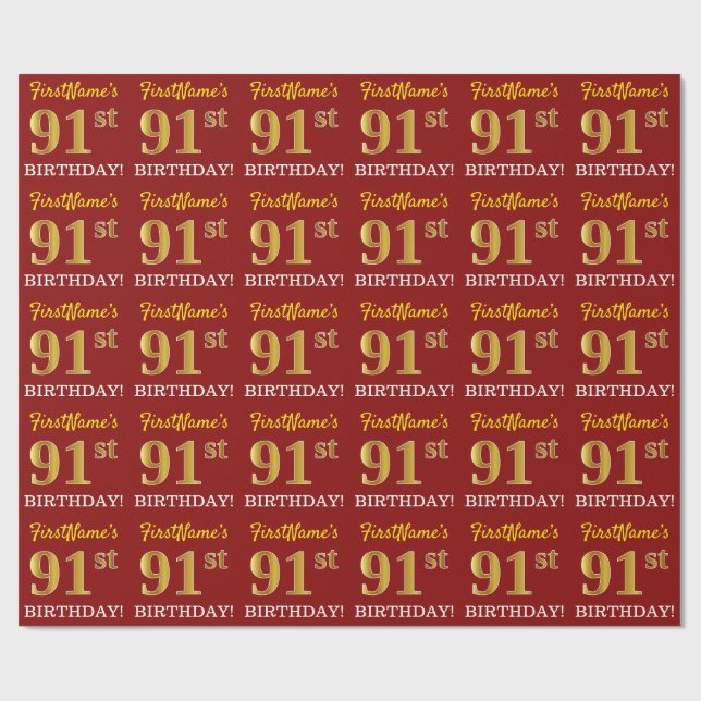 Red, Imitation Guld titta "91:a BIRTHDAY" Presentpapper (Platt)
