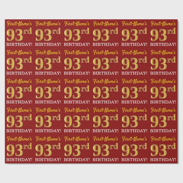 Red, Imitation Guld titta "93:e BIRTHDAY" Presentpapper (Platt)