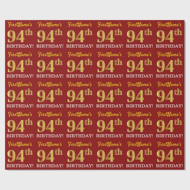 Red, Imitation Guld titta "94:e BIRTHDAY" Presentpapper (Platt)