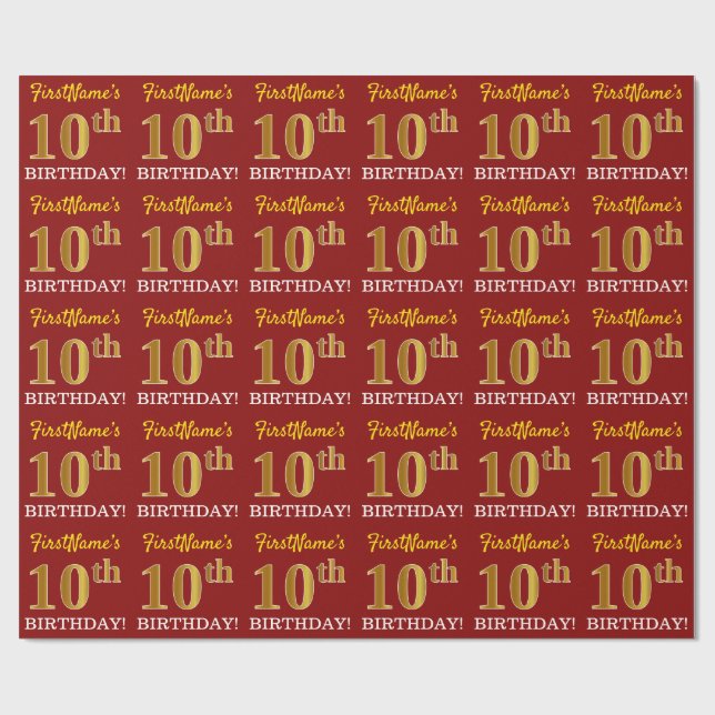 Red, Imitation Guld tittar "10:e BIRTHDAY" Presentpapper (Platt)