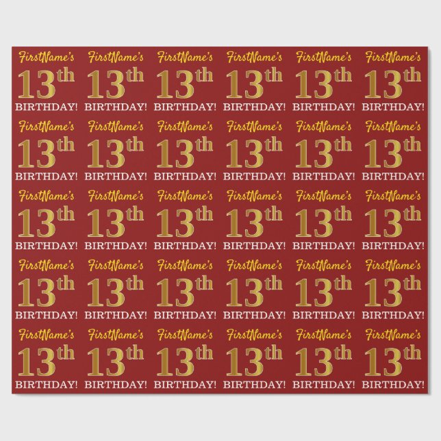 Red, Imitation Guld tittar "13:e BIRTHDAY" Presentpapper (Platt)
