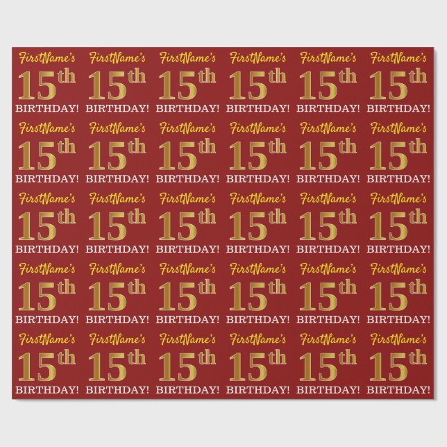 Red, Imitation Guld tittar "15:e BIRTHDAY" Presentpapper (Platt)