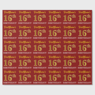 Red, Imitation Guld tittar "16:e BIRTHDAY" Presentpapper