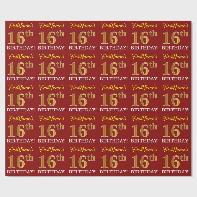 Red, Imitation Guld tittar "16:e BIRTHDAY" Presentpapper (Platt)