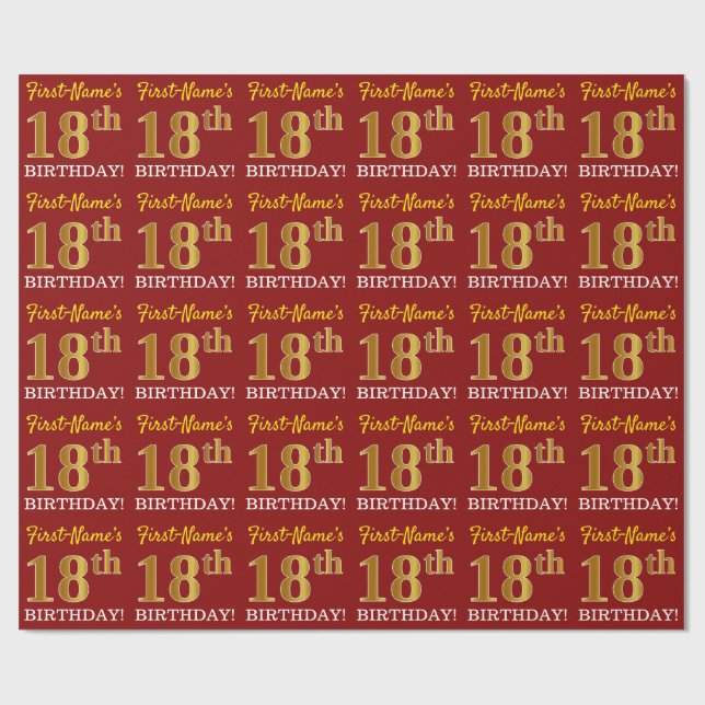 Red, Imitation Guld tittar "18:e BIRTHDAY" Presentpapper (Platt)