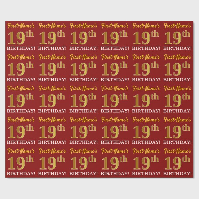 Red, Imitation Guld tittar "19:e BIRTHDAY" Presentpapper (Platt)