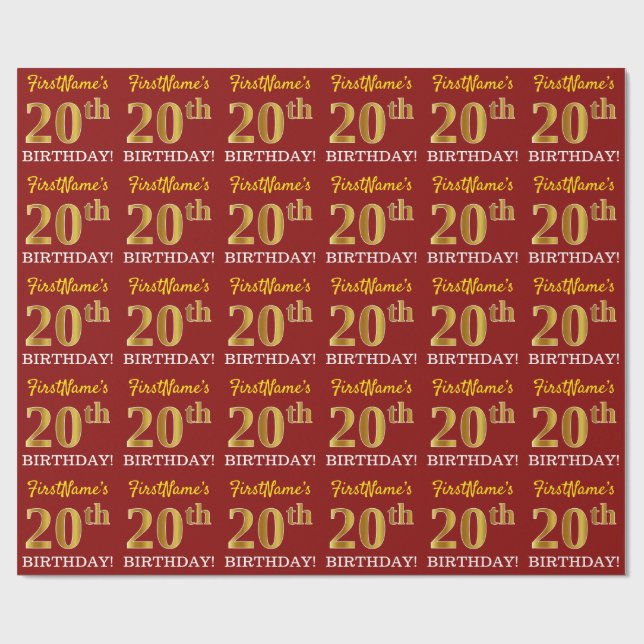 Red, Imitation Guld tittar "20 BIRTHDAY" Presentpapper (Platt)