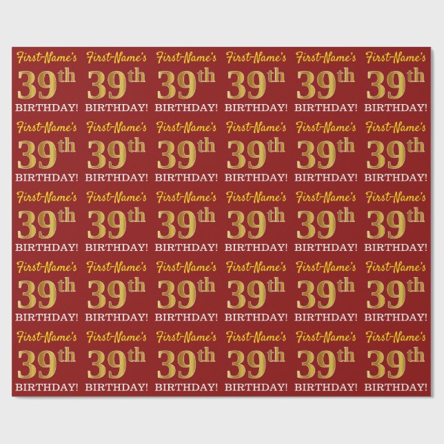 Red, Imitation Guld tittar "39:e BIRTHDAY" Presentpapper (Platt)