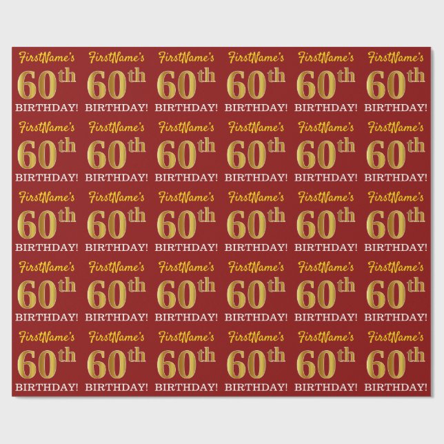 Red, Imitation Guld tittar "60 BIRTHDAY" Presentpapper (Platt)