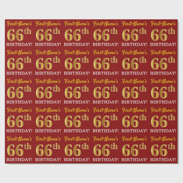 Red, Imitation Guld tittar "66:e BIRTHDAY" Presentpapper (Platt)