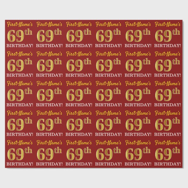 Red, Imitation Guld tittar "69:e BIRTHDAY" Presentpapper (Platt)