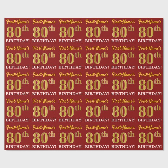 Red, Imitation Guld tittar "80 BIRTHDAY" Presentpapper (Platt)