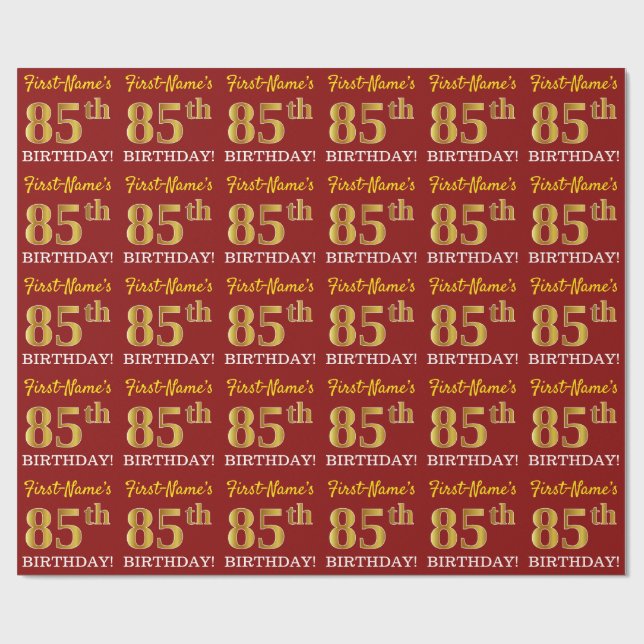Red, Imitation Guld tittar "85 BIRTHDAY" Presentpapper (Platt)