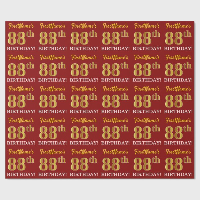 Red, Imitation Guld tittar "88 BIRTHDAY" Presentpapper (Platt)