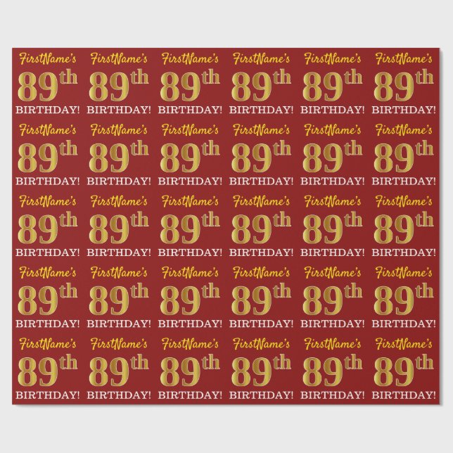 Red, Imitation Guld tittar "89 BIRTHDAY" Presentpapper (Platt)