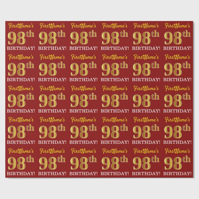 Red, Imitation Guld tittar "98:e BIRTHDAY" Presentpapper (Platt)