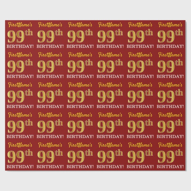 Red, Imitation Guld tittar "99 BIRTHDAY" Presentpapper (Platt)