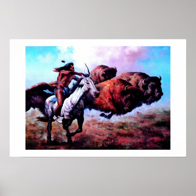 RED INDIAN HUNTING BUFFALO POSTER (Framsidan)