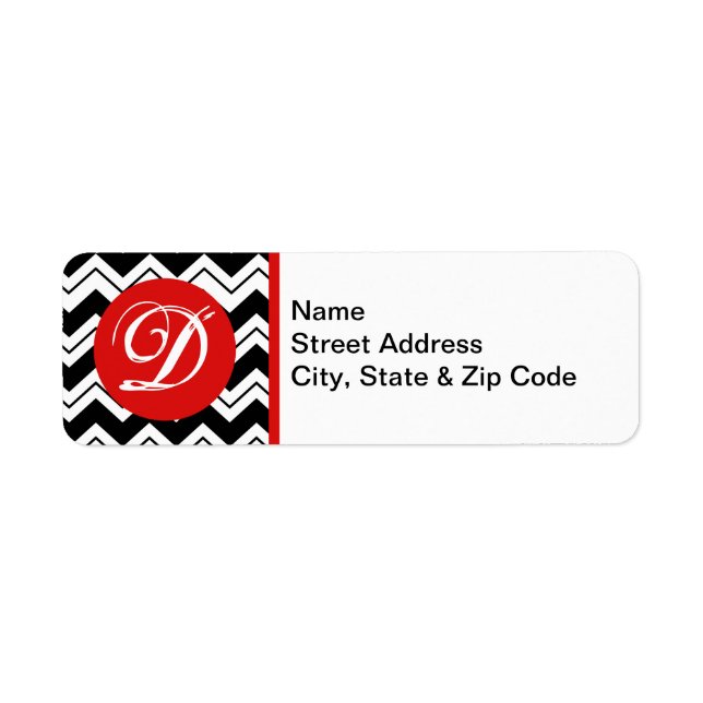 Red Initial Monogram Black & White Zizzag Chevron Returadress Etikett (Framsidan)