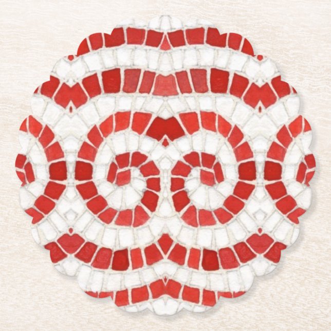 RED IONIC MOSAIC Scalloped Round Papper Underlägg (Framsida)