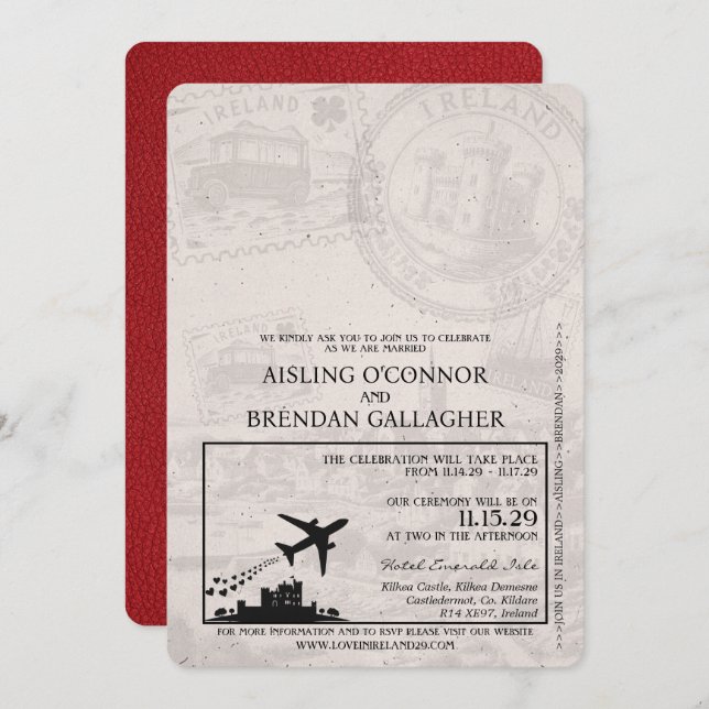 Red Ireland Passport bröllop-inbjudan Inbjudningar (Fram/baksida)