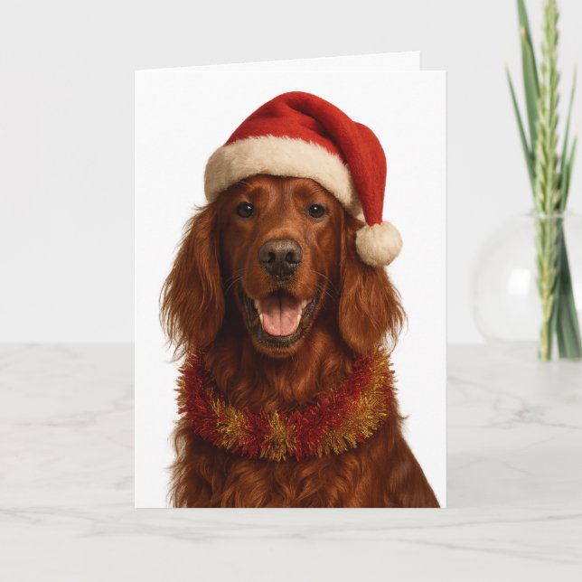 Red / Irish Setter in a Santa hat Christmas card Kort (Framsida)