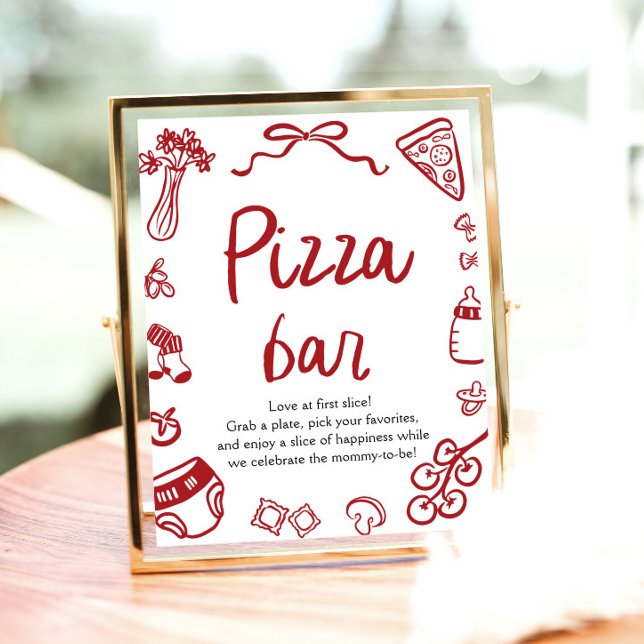 Red Italia Hand plockade Baby Shower Pizza Pub Poster (Red Italian Hand Drawn Baby Shower Pizza Bar Sign)