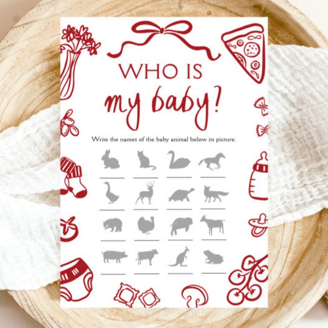 Red Italia Hand plockade Pizza som är mitt Baby-sp Inbjudningar (Red Italian Hand Drawn Pizza Who Is My Baby Game)