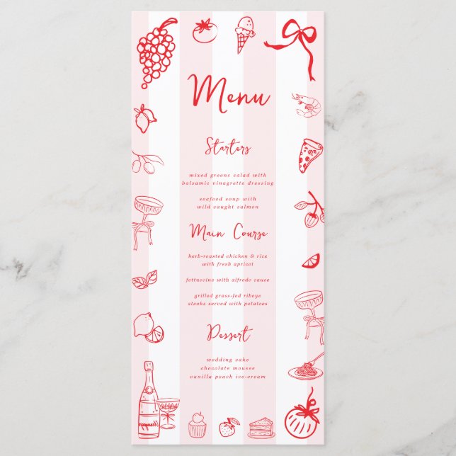 Red Italian Hand Drawn Wedding Bridal Shower Meny (Framsida)