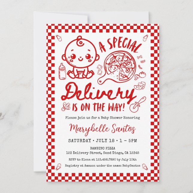 Red Italian Special Delivery Baby Invitation Inbjudningar (Framsida)
