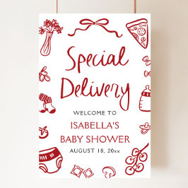 Red Italian Special Delivery Baby Shower Welcome Poster