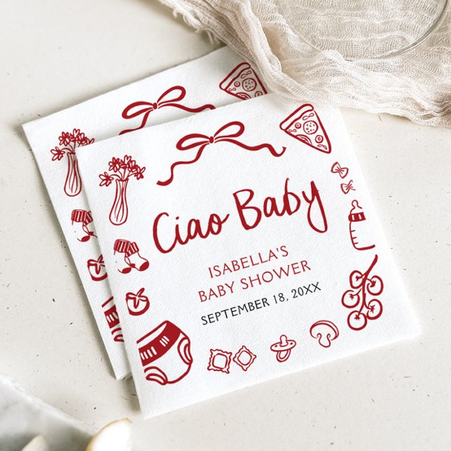 Red Italiana Hand plockade Pizza Ciao Baby Baby Sh Pappersservett (Red Italian Hand Drawn Pizza Ciao Baby Baby Shower Napkins)