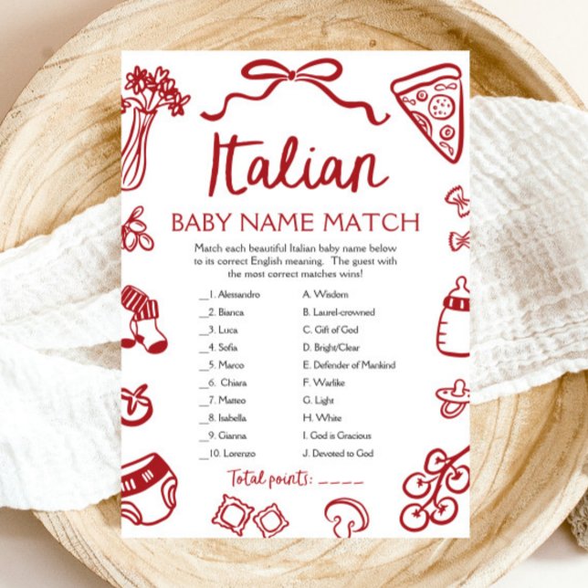 Red Italy Baby Namn Match Baby Shower Game Inbjudningar (Red Italian Baby Name Match Baby Shower Game)