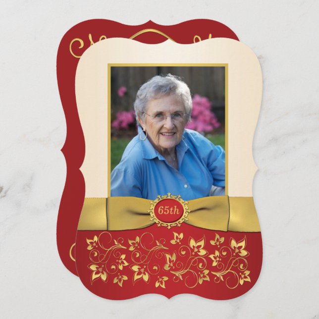 Red, Ivory, Guld 65e Fotofödelsedagsinbjudan 2 Inbjudningar (Fram/baksida)