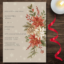 Red & Ivory Poinsettias i Snö på Taupe Bröllop Inbjudningar